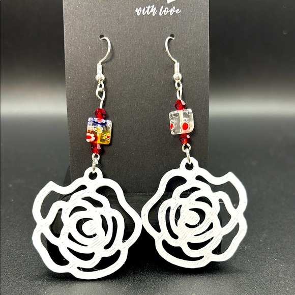 Elegant Silver Rose Earrings with Colorful Accents - Picture 1 of 6